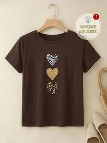 SHEIN LUNE Áo thun nữ tay ngắn cổ tròn in hình báo đốm, ngựa vằn và trái tim, dáng rộng, thích hợp cho mùa thu/đông, màu nâu, phù hợp để đi chơi, mặc thường ngày. - màu nâu - Xem 3
