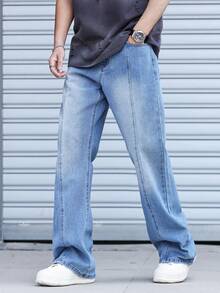 Manfinity Homme Plain Long Light Wash Wide Leg Denim Jeans For Men Casual Modern Style With Zipper - Light Wash - View 6