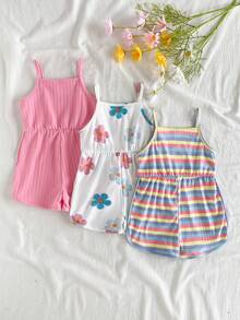Vintaside Kids 3件装女婴休闲碎花条纹印花连体短裤，适合日常穿着、运动、外出、春夏穿着 - 彩色 - 查看 3
