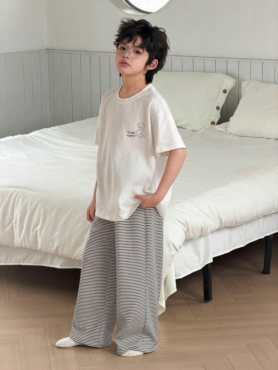 DAZY Tween Boy Teddy Bear & Letter Print Dropped Shoulder Loose Top And Striped Pants Pajama Set, Suitable For Spring, Summer, Autumn - White - View 1