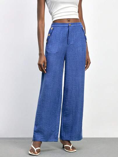 Maija Women's Casual Versatile Solid Color Wide Leg Pants Blue Pants Women High Waist Pants Woman Blue Suit Women