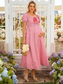 SHEIN 法式方领格纹高腰显瘦孕妇连衣裙 - 紅色 - 查看 1