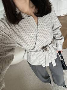 DAZY Chaqueta regular con cinturón y cuello a rayas para mujer, primavera/verano - Albaricoque - Ver 3