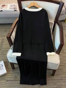 GlowEve CURVE 女士加大码撞色针织无袖长款连衣裙，侧开衩设计，搭配圆领开襟宽松长袖开衫，休闲、派对、舒适、百搭、优雅，适合日常、居家、工作等场合 - 两件套 - 黑色 - 查看 2