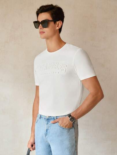 RONVEXI 标准尺寸男士 3D 压花英文标语图案 T 恤