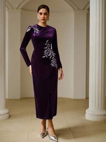 ZEYLAH Đầm maxi dài tay cổ tròn thanh lịch thêu đính cườm dành cho nữ, thích hợp cho mùa Thu/Đông. - Màu tím - Xem 4