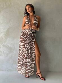 Aloruh 女士春夏新款斑马纹吊带连衣裙，优雅性感透视度假装 - 彩色 - 查看 5
