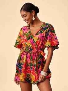 Travachic Mono de mujer con cuello cruzado, mangas con volantes y cintura con lazo, estampado tropical de leopardo para vacaciones de verano en la playa - Rosa Fucsia - Ver 5