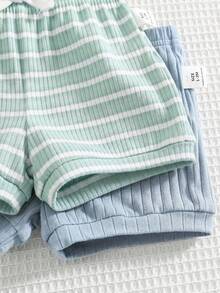 4pcs/Set Newborn Baby Boy/Girl Summer Cute Striped Blue Short Sleeve Romper & Shorts 4-Piece Outfit, Suitable For Home & Outings - Multicolor - View 6