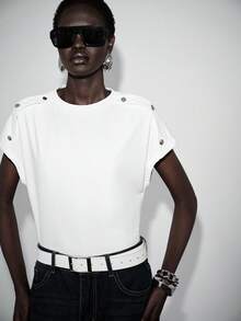 Lumivelle Camiseta casual de mujer de unicolor con cuello redondo y botones, primavera/verano - Blanco - Ver 7