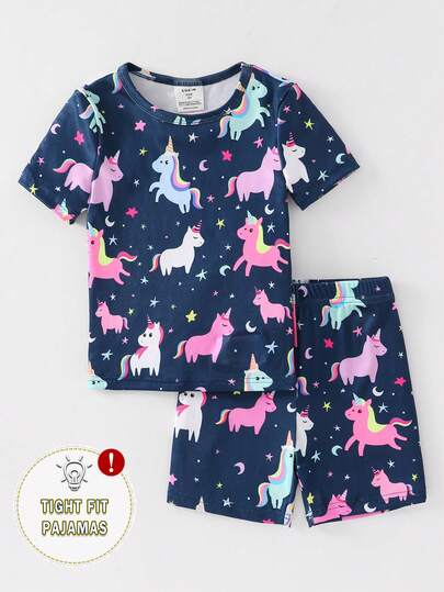 2pcs/Set Toddler Girls' Short Sleeve Shorts Snug Fit Pajamas Set, Colorful Cartoon Glow-In-The-Dark Unicorn Pattern (Requires UV Light To Glow)