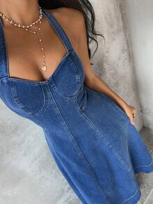 Sunnyshic Women's Casual Backless Halter Neck Denim Dress For Vacation - Blue - View 4