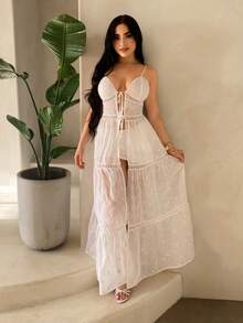 SHEIN SXY 女士度假系带无袖花卉刺绣长款吊带背心 - 白色 - 查看 4