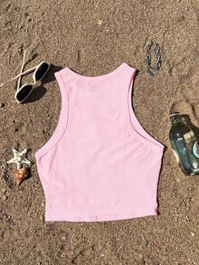Tseoso Pink Casual Minimalist Round Neck Women Tank Top, Suitable For Summer, Coconut Shell Pattern - Pink - View 2