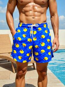Manfinity Swimmode Pantalones cortos de playa con cordón en la cintura y estampado de pato de dibujos animados para hombres - azul real - Ver 3