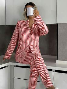 EURMUSE Women 2 Pcs Button Front With Striped&Bot Pattern Homewear Cute Pajama Set - Red - View 4