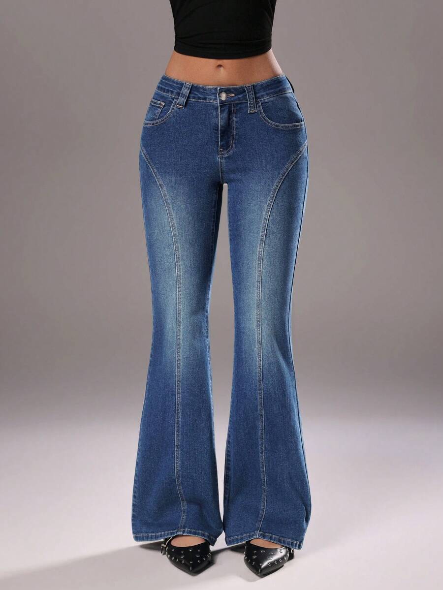 TRNVIE High Stretch Low Waist Contrast Color Pocket Casual Flare Jeans - Blue - View 1