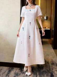 Modelyn Women's Elegant White Summer Rhinestone Square Neck Short Sleeve Dress,Sparkly Colored Birthday Party,Wedding Guest & Bridesmaid Dresses - White - View 7