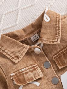 SHEIN 3pcs Baby Girl Spring/Autumn Fashion Sweet Street Style Blue Long Sleeve Denim Jacket With Printed Bow, Matching Blue Denim Skirt And White Camisole Top, Suitable For School, Photography, Street Wear - Khaki - View 6