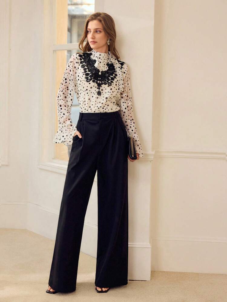 POLKA DOT TIE NECK GUIPURE LACE DETAIL BELL SLEEVE TOP