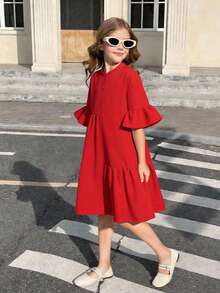 Firerie Kids Firerie Kids 少女度假休闲红色拼接荷叶边袖衬衫裙 - 紅色 - 查看 1