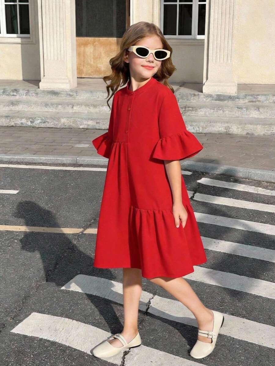 Firerie Kids Firerie Kids 少女度假休闲红色拼接荷叶边袖衬衫裙 - 紅色 - 查看 1
