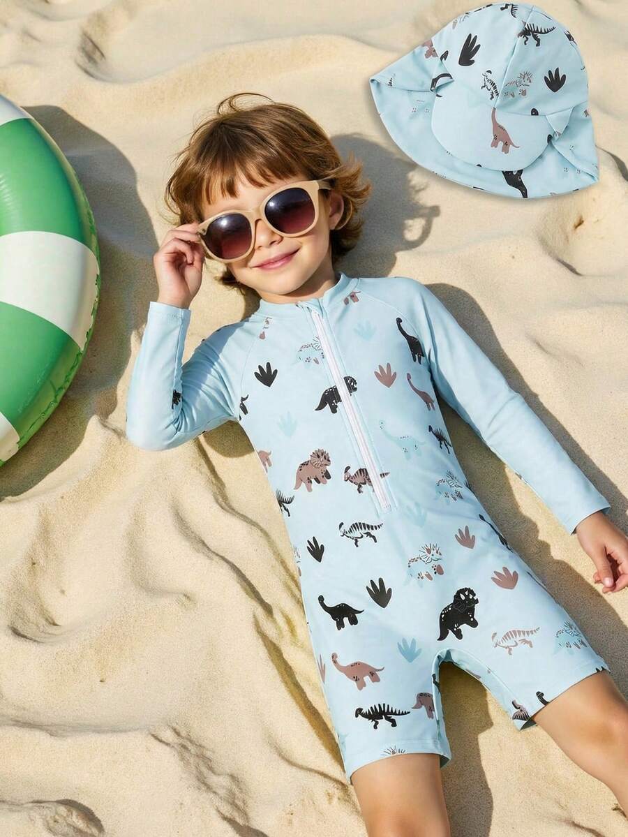 SHEIN Young Boy Dinosaur Print Zip-Up Long Sleeve Rash Guard Swimsuit Set With Hat - Multicolor - View 1