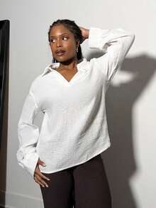 Tyla Gomez 女士休闲翻领半襟长袖衬衫、长袖上衣 - 白色 - 查看 5