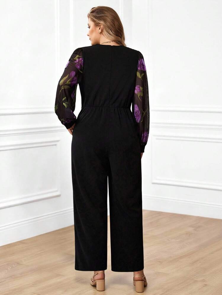 Plus Size Women's Floral Print Patchwork Lantern Sleeve Pockets Wide Leg Loose Elegant Jumpsuit New Year Look Maija Fall Winter 2025 Fall/Winter Party Elegant Dress Women New Year Clothes Elegant Dress Women