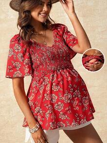 Boho Mama Áo cho con bú in hoa dành cho phụ nữ mang thai, thích hợp mặc thường ngày khi đi nghỉ mát. - Đỏ - Xem 7