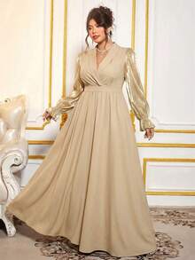 Cravure Vestido largo de manga larga con decoración de burbujas y cuello, de gasa verde oliva, para fiesta, talla grande para mujer - Caqui - Ver 8