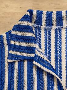 Swim Lushoire Women's Summer Beach Collared Front Open Striped Mesh Print Kimono Suit Shorts 2 Piece Set - Blue and White - View 6