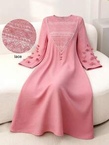 Al Najma 蕾丝拼接袖花卉宽松优雅长袖喇叭连衣裙，粉色 - 粉色 - 查看 11