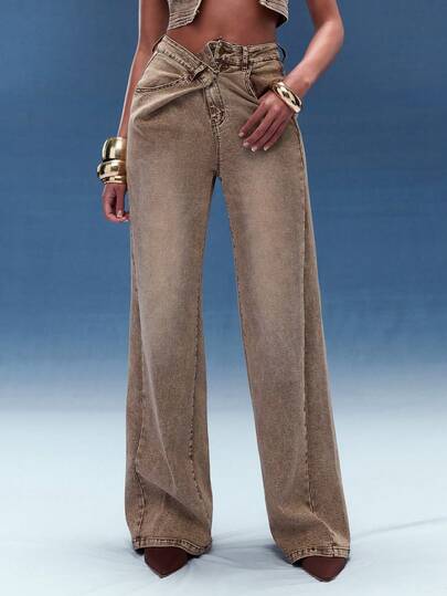 Normani Women's Basic Casual Going Out Front Fold Detail Straight Denim Khaki Pants