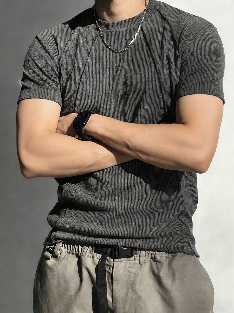 DAZY Áo thun nam màu xám trơn, dáng ôm, chất liệu vải có họa tiết, thích hợp cho mùa hè. - Màu xám đen - Xem 1