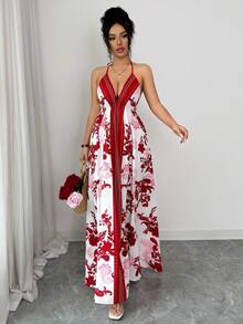 SHEIN Women's Print Spaghetti Strap Tie Waist A-Line Dress, Charming Sexy Elegant Daily Commute Vacation Fashion Date French Street Retro Versatile Spring Summer Red White New Long Sleeveless Spaghetti Strap Slip Dress - Multicolor - View 7