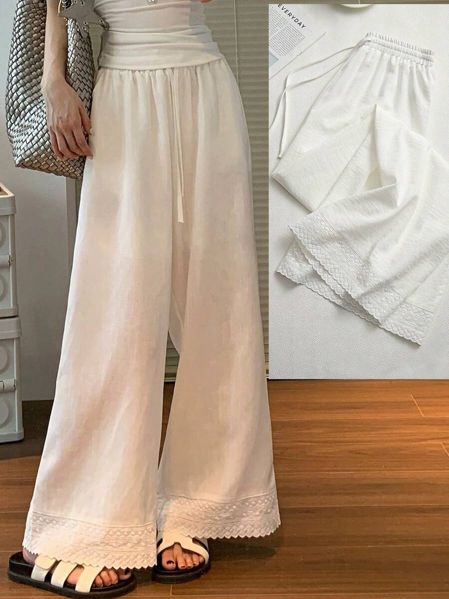 Pariaura Women's Elegant Patchwork Lace Wide Leg Pants,Women's Plain White Semi-Sheer Woven Fabric Long Pants Straight Leg Casual Style - White - View 1