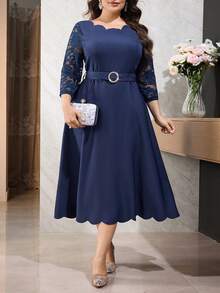 Modelyn Vestido elegante de manga larga con parches de encaje y cinturón en unicolor para tallas grandes - Azul Marino - Ver 6
