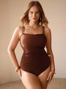 Swim Chiccia 夏季新款优雅修身收腹连体泳衣，带装饰肩带，大码 - 棕色 - 查看 1