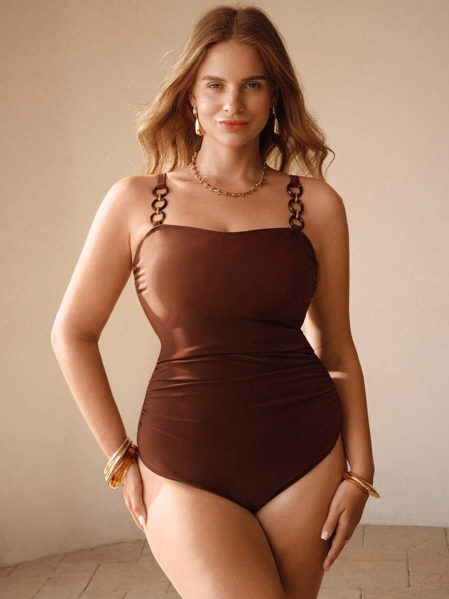 Swim Chiccia 夏季新款优雅修身收腹连体泳衣，带装饰肩带，大码 - 棕色 - 查看 1