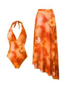 Swim Oasis 女士露背系带印花V领长款连衣裙泳衣套装，夏季度假沙滩两件套 - 彩色 - 查看 4
