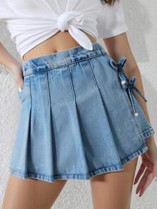 SHEIN ChillGRL Culotte casual de niña preadolescente en azul desgastado vintage con lazo lateral y diseño plisado, cintura cómoda, culotte de mezclilla versátil, nueva llegada - Lavado ligero - Ver 4