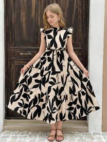 SHEIN 时尚优雅撞色蝴蝶结短袖连衣裙，适合少女穿着。 - 彩色 - 查看 10