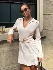 Siren Gaze Women's Solid Color V-Neck Ruched Decor Mini Long Sleeve Dress, Metal Button Decor Elegant Dress, New Year Party Dinner Date Gown White Sequin Autumn - Apricot - View 9