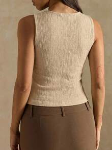 SHEIN BAE Áo tank top ngắn ôm dáng, tối giản, màu trơn, chất liệu vải có họa tiết, dành cho nữ, thích hợp cho kỳ nghỉ hè và đi làm. - Màu be - Xem 2