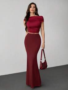 SHEIN Tall 女款純色彈性腰長版喇叭裙，適合高個女性 - 酒紅色 - 查看 1