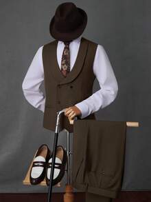 Calvornis 棕色西装正装，男童/男士复古棕色马甲和长裤正装套装/男士纯色双排扣上衣和长裤休闲通勤办公套装 - 軍綠色 - 查看 6