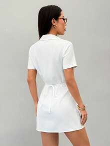 SHEIN PETITE 女士休闲日常办公通勤纯色短袖修身衬衫裙 白色衬衫裙 - 白色 - 查看 5