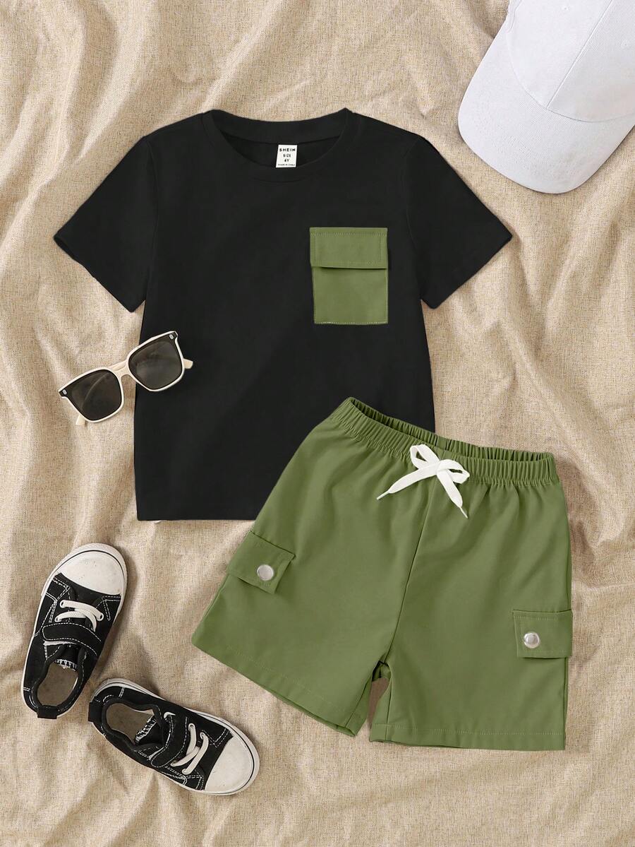 SHEIN Explorewe Young Boy Round Neck Short Sleeve T-Shirt And Drawstring Waist Shorts Casual Daily Outfit - Black - View 1