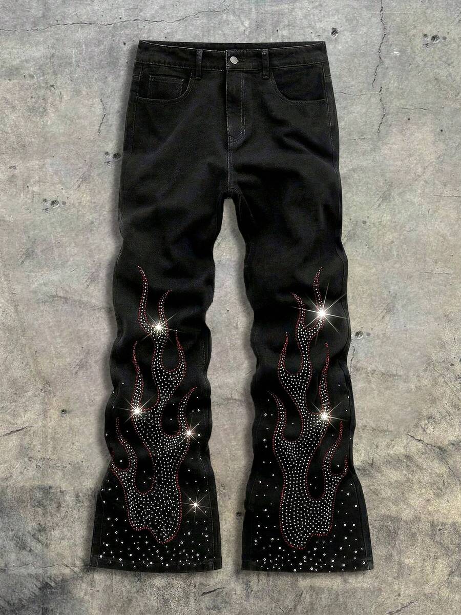 AXEPEAK Pantalones de moda con adornos de rhinestones lavados para hombre - Negro - Ver 1